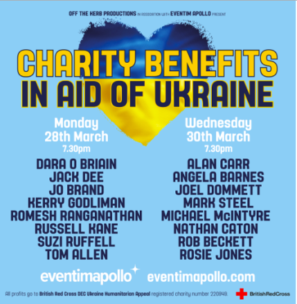Two Major Ukraine Benefits With Michael McIntyre, Dara O Briain, Jack Dee, Alan Carr, Jo Brand, Romesh Ranganathan And Many More Two Major Ukraine Benefits With Michael McIntyre, Dara O Briain, Jack Dee, Alan Carr, Jo Brand, Romesh Ranganathan And Many More