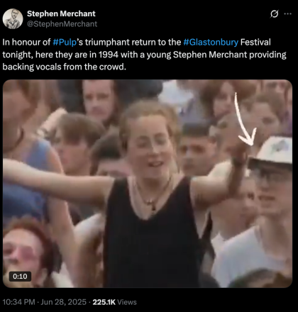 Stephen Merchant Dusts Off His 1994 Glastonbury Appearance With Pulp Stephen Merchant Dusts Off His 1994 Glastonbury Appearance With Pulp