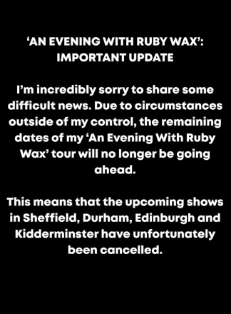 Ruby Wax Cancels Live Shows An Evening With Ruby Wax 